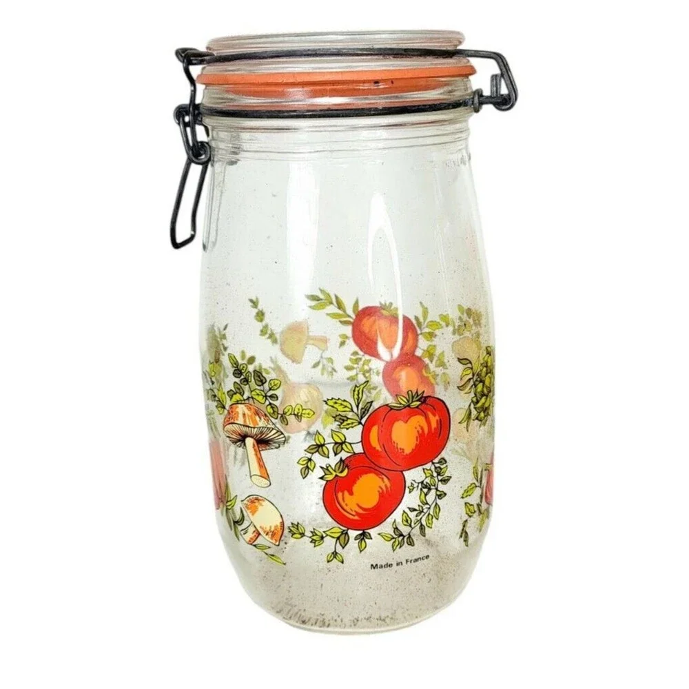 VTG 70s MCM Spice of Life CorningWare Glass Mushroom Vegetable Jars 1.5  2 liter